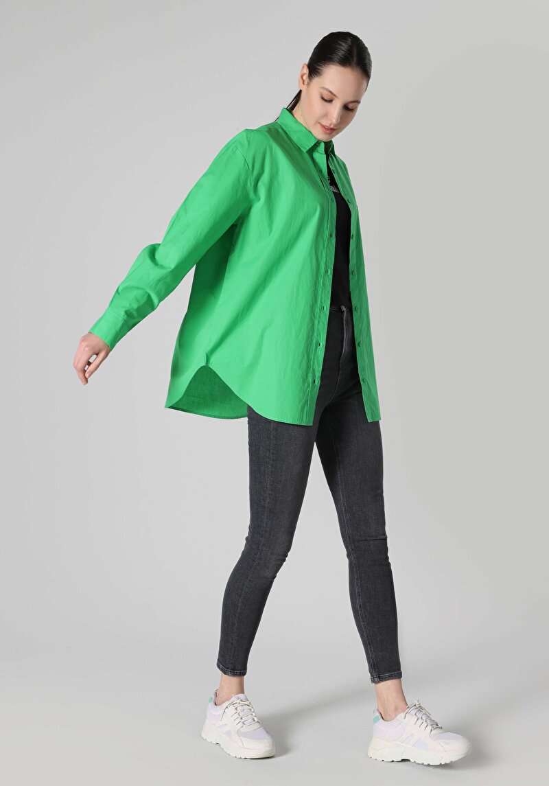 Relax Fit Shirt Neck Düz Kadın Yeşil Uzun Kol Gömlek