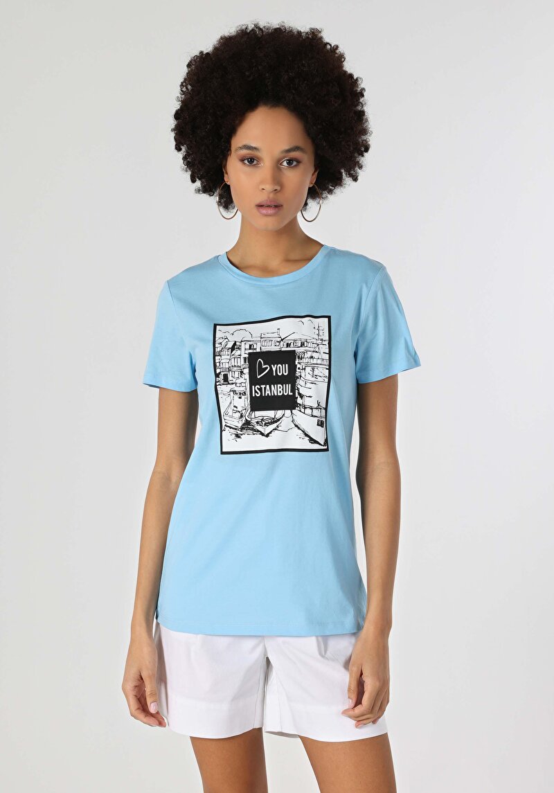 Regular Fit Yuvarlak Yaka Kadın Mavi Kısa Kol Tişört