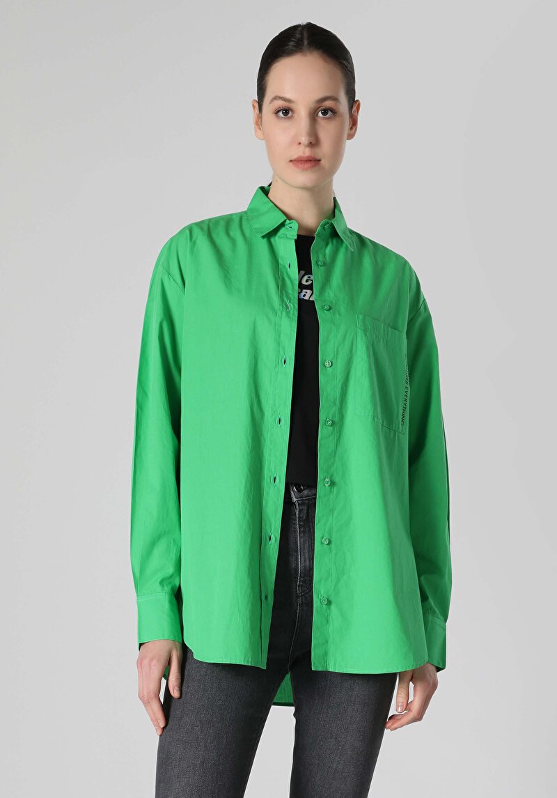 Relax Fit Shirt Neck Düz Kadın Yeşil Uzun Kol Gömlek