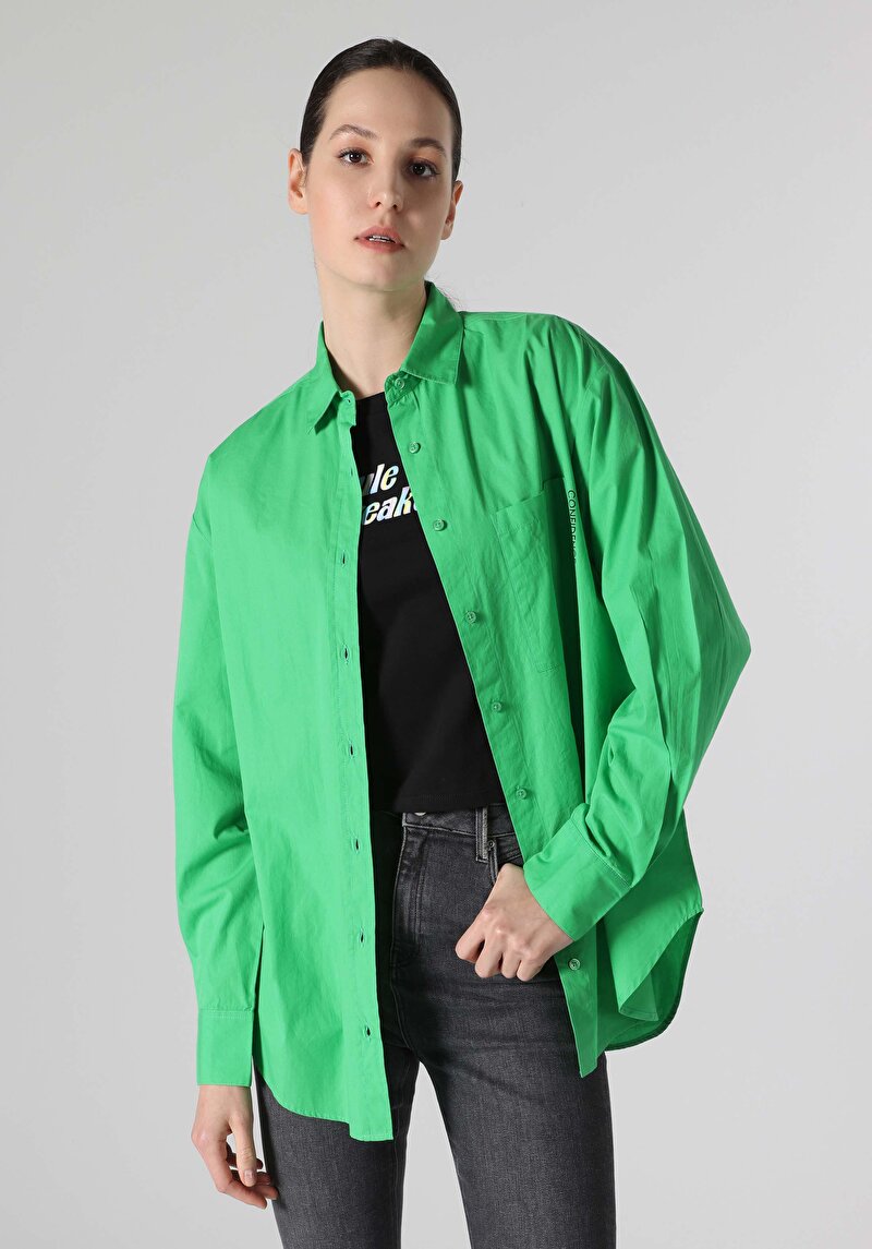 Relax Fit Shirt Neck Düz Kadın Yeşil Uzun Kol Gömlek