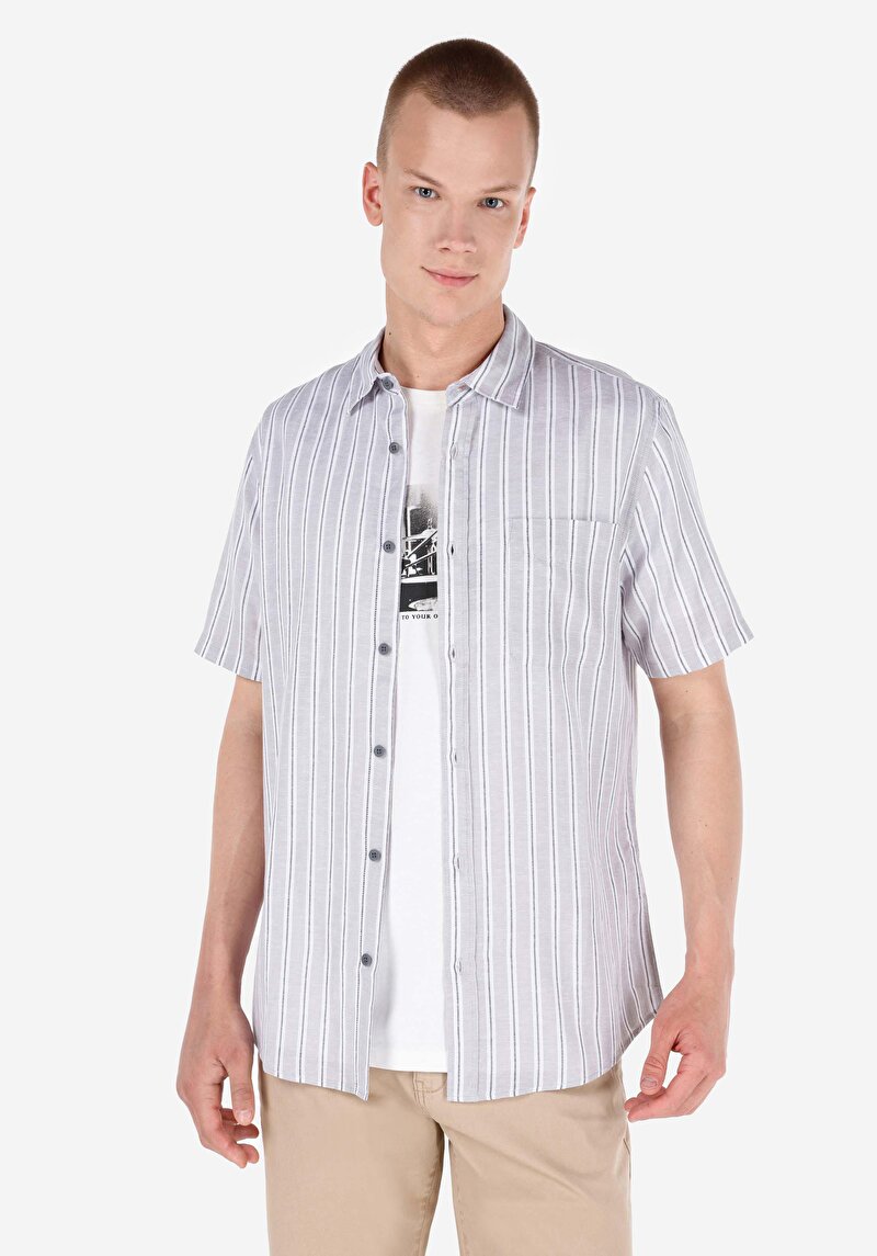 Regular Fit Shirt Neck Çizgili Erkek Gri Kısa Kol Gömlek
