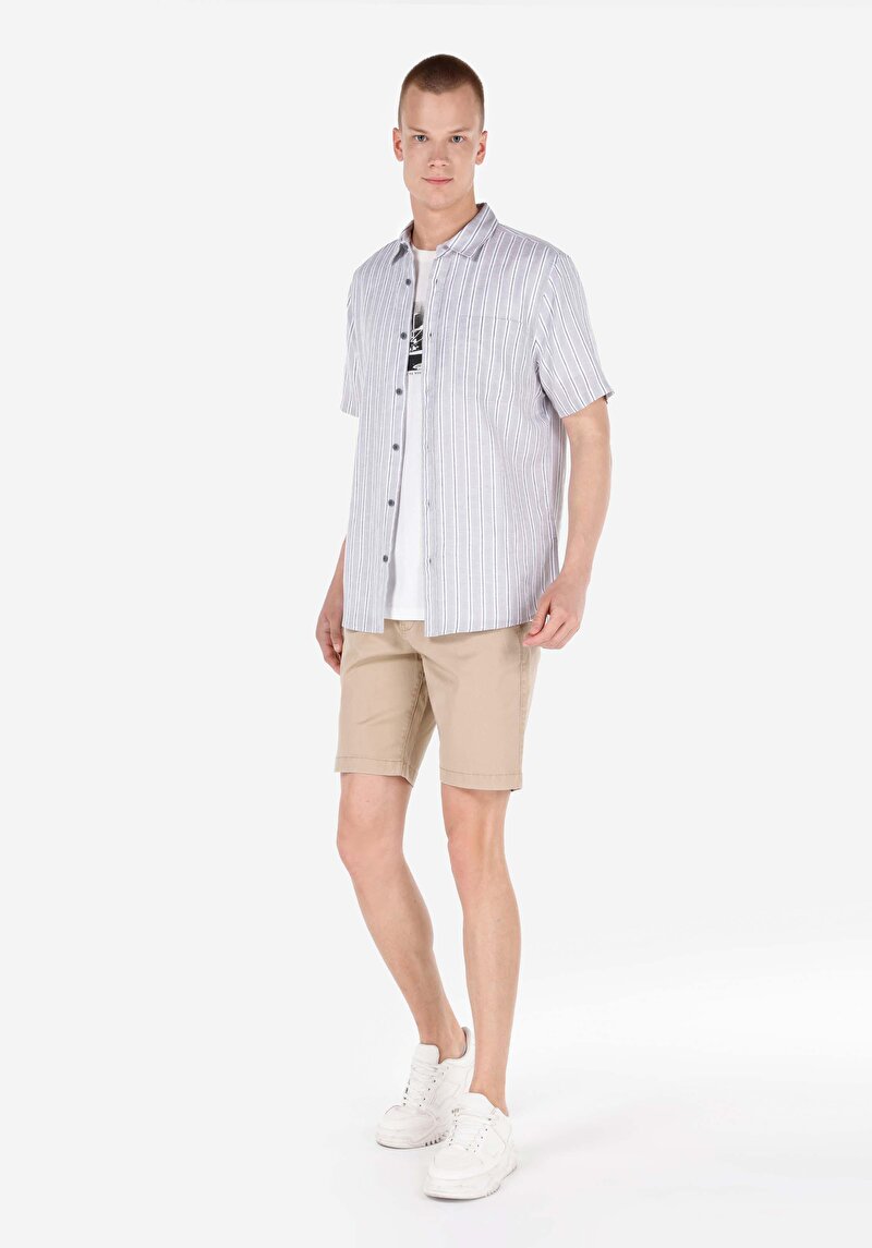 Regular Fit Shirt Neck Çizgili Erkek Gri Kısa Kol Gömlek