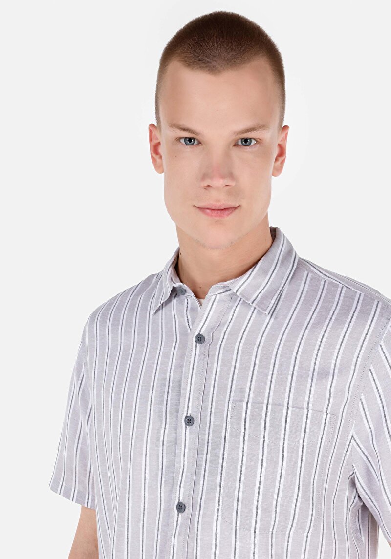 Regular Fit Shirt Neck Çizgili Erkek Gri Kısa Kol Gömlek