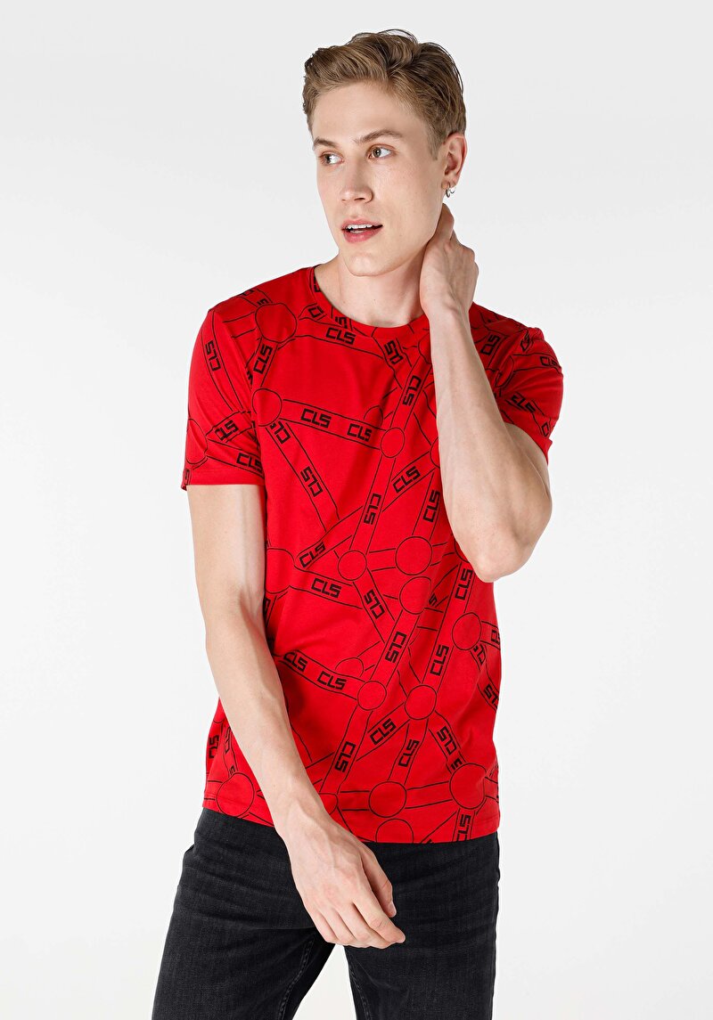 Regular Fit Yuvarlak Yaka Pamuklu Erkek Kirmizi Kısa Kol Tişört