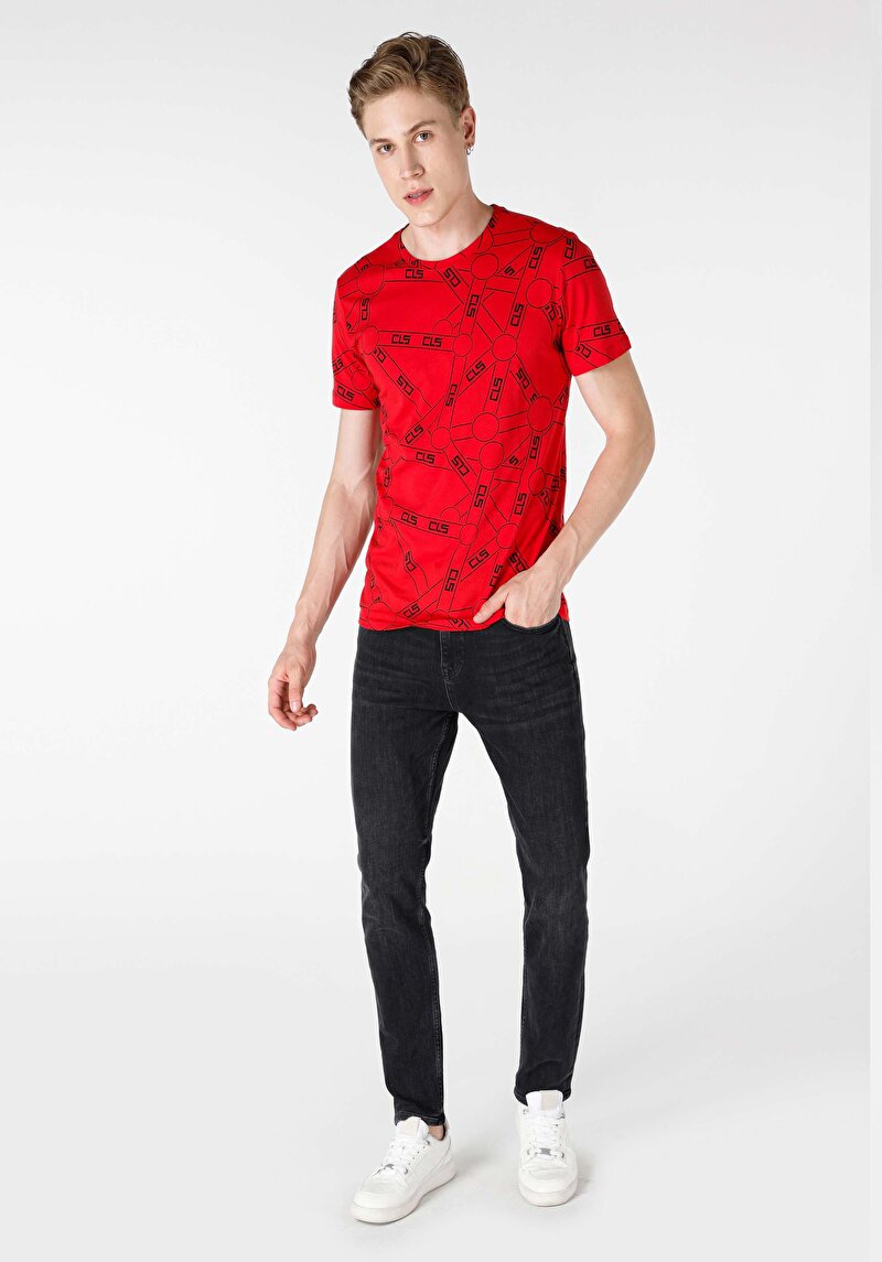 Regular Fit Yuvarlak Yaka Pamuklu Erkek Kirmizi Kısa Kol Tişört