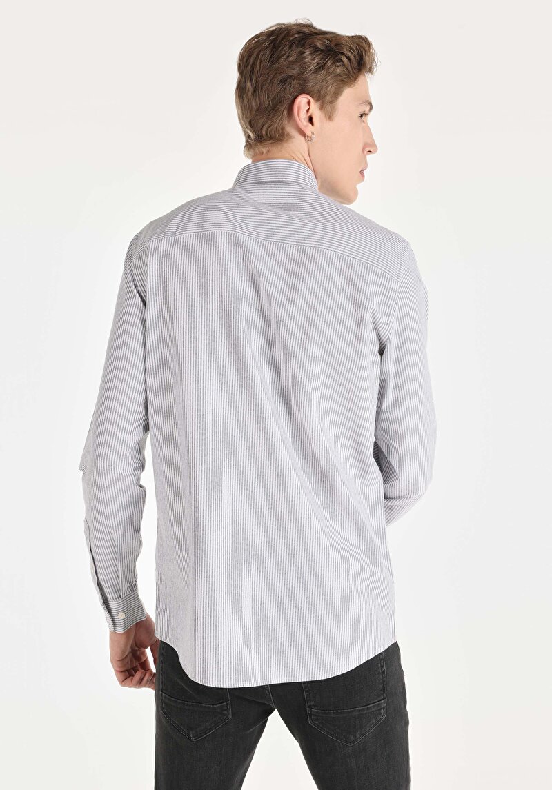 Regular Fit Shirt Neck Çizgili Erkek Antrasit Uzun Kol Gömlek