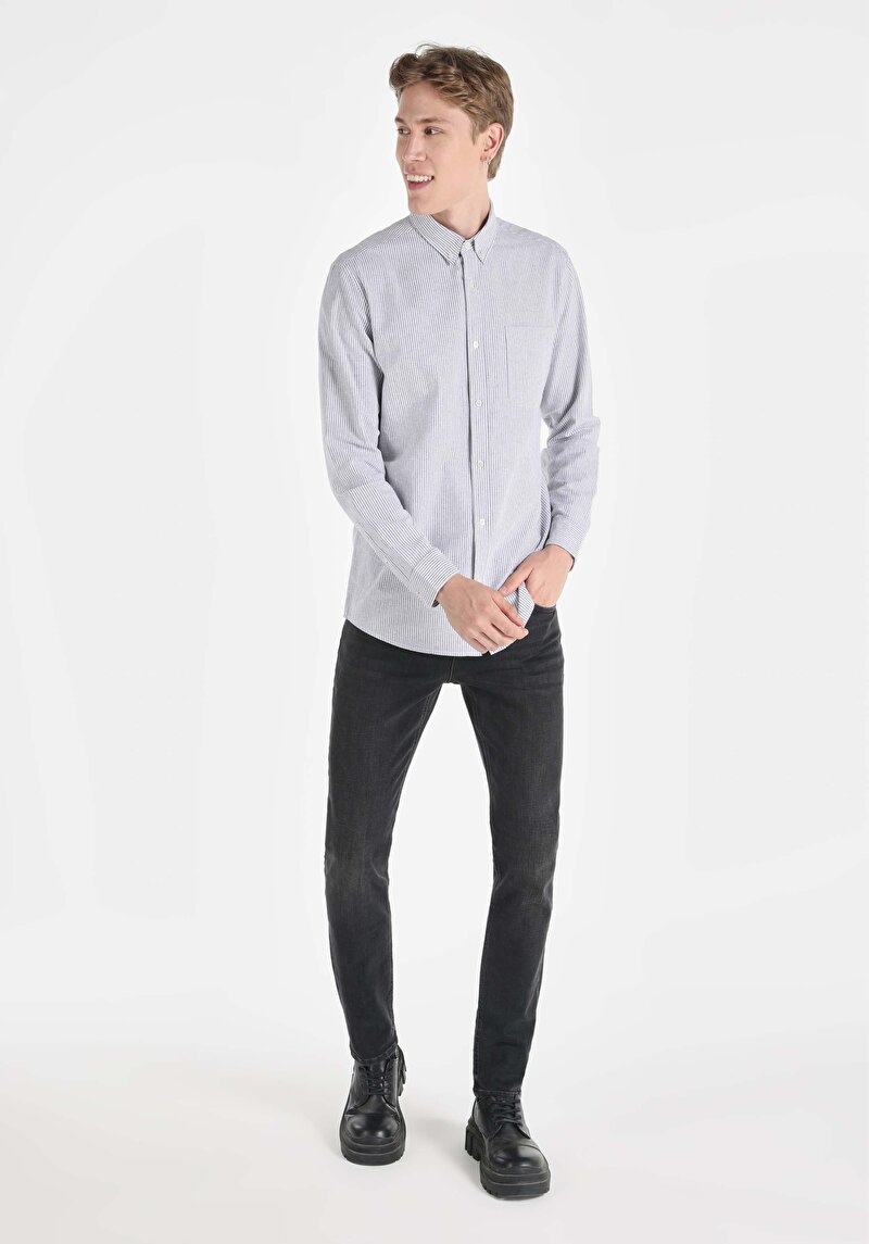 Regular Fit Shirt Neck Çizgili Erkek Antrasit Uzun Kol Gömlek