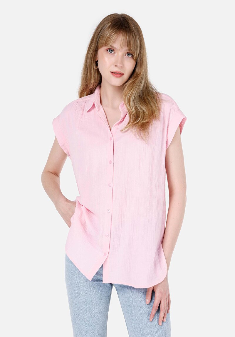 Regular Fit Shirt Neck Düz Kadın Pembe Kısa Kol Gömlek