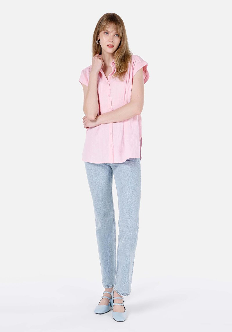Regular Fit Shirt Neck Düz Kadın Pembe Kısa Kol Gömlek