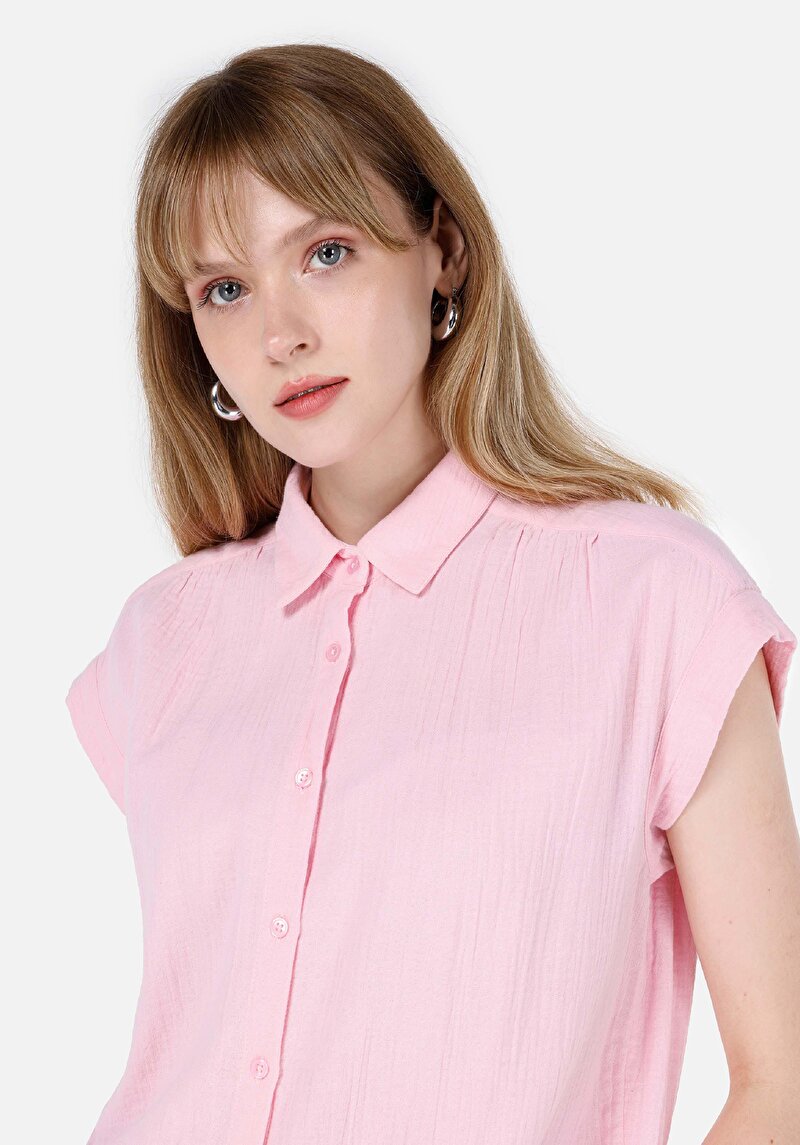 Regular Fit Shirt Neck Düz Kadın Pembe Kısa Kol Gömlek
