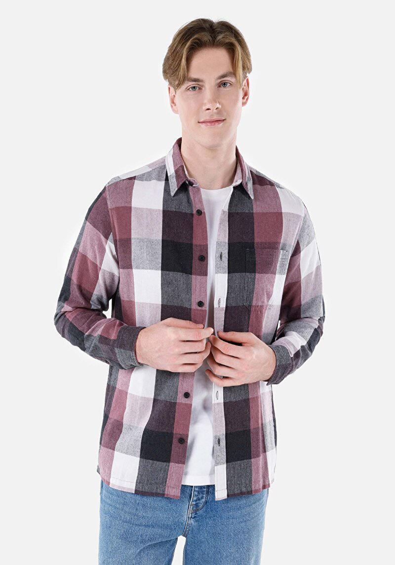 Regular Fit Shirt Neck Kareli Erkek Pembe Uzun Kol Gömlek