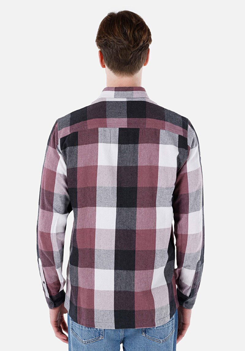 Regular Fit Shirt Neck Kareli Erkek Pembe Uzun Kol Gömlek