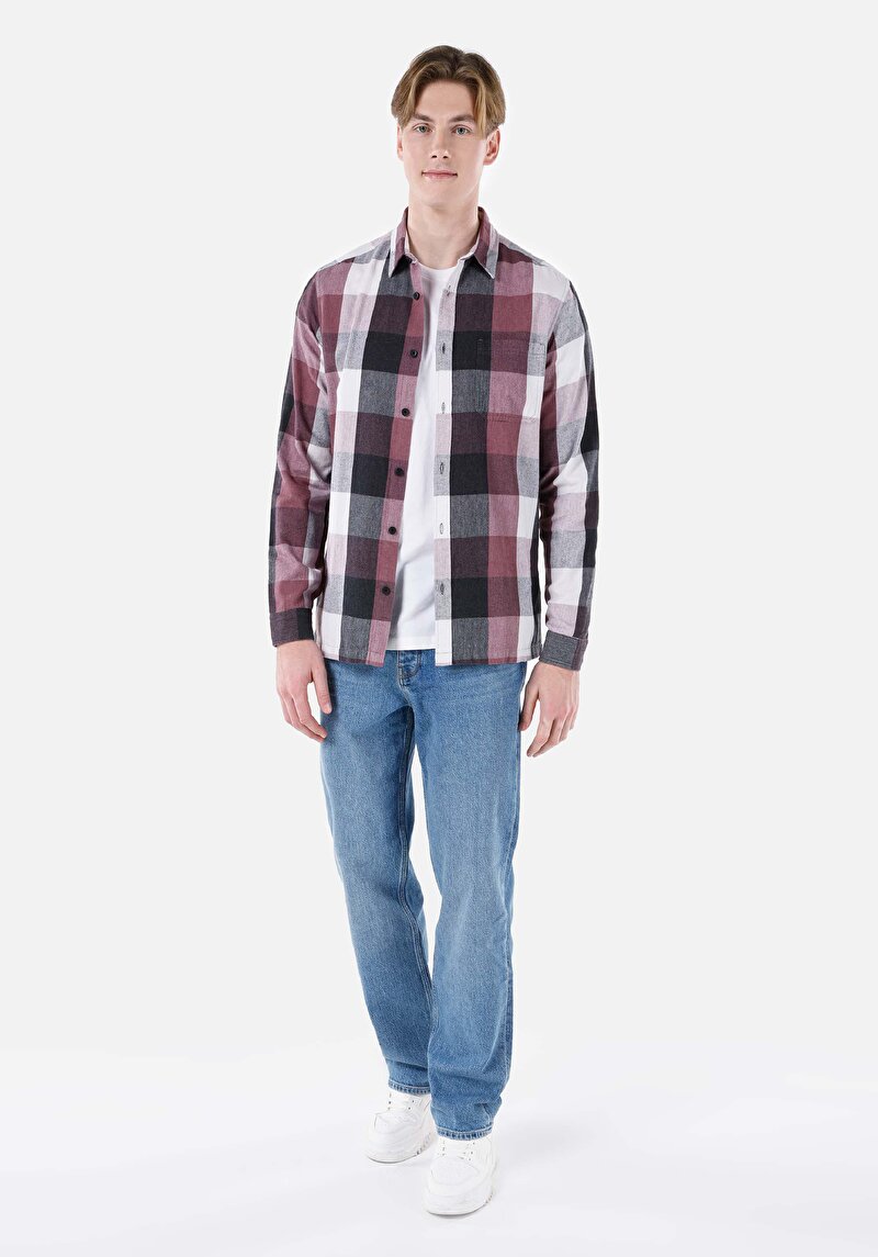 Regular Fit Shirt Neck Kareli Erkek Pembe Uzun Kol Gömlek