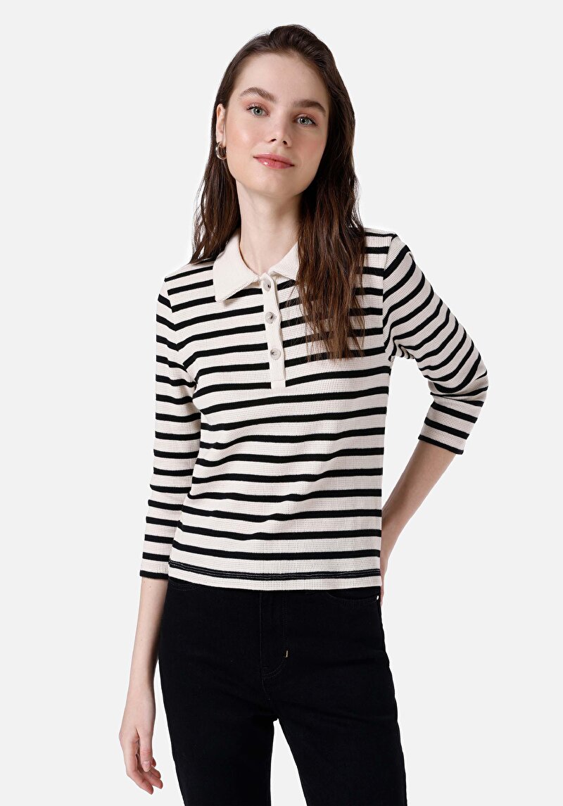 Regular Fit Polo Yaka Çizgili Kadın Siyah Uzun Kol Tişört