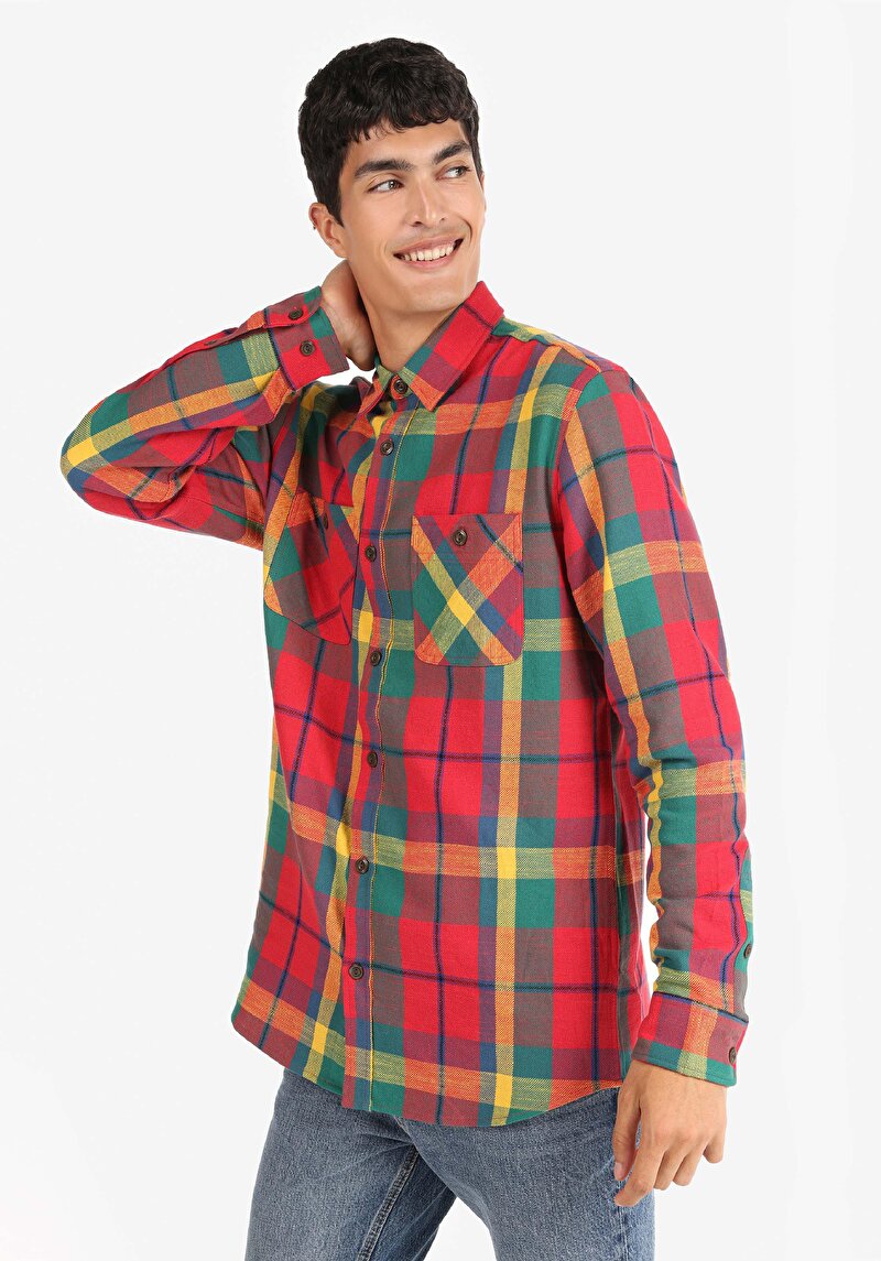 Regular Fit Shirt Neck Ekoseli Erkek Çok Renkli Uzun Kol Gömlek