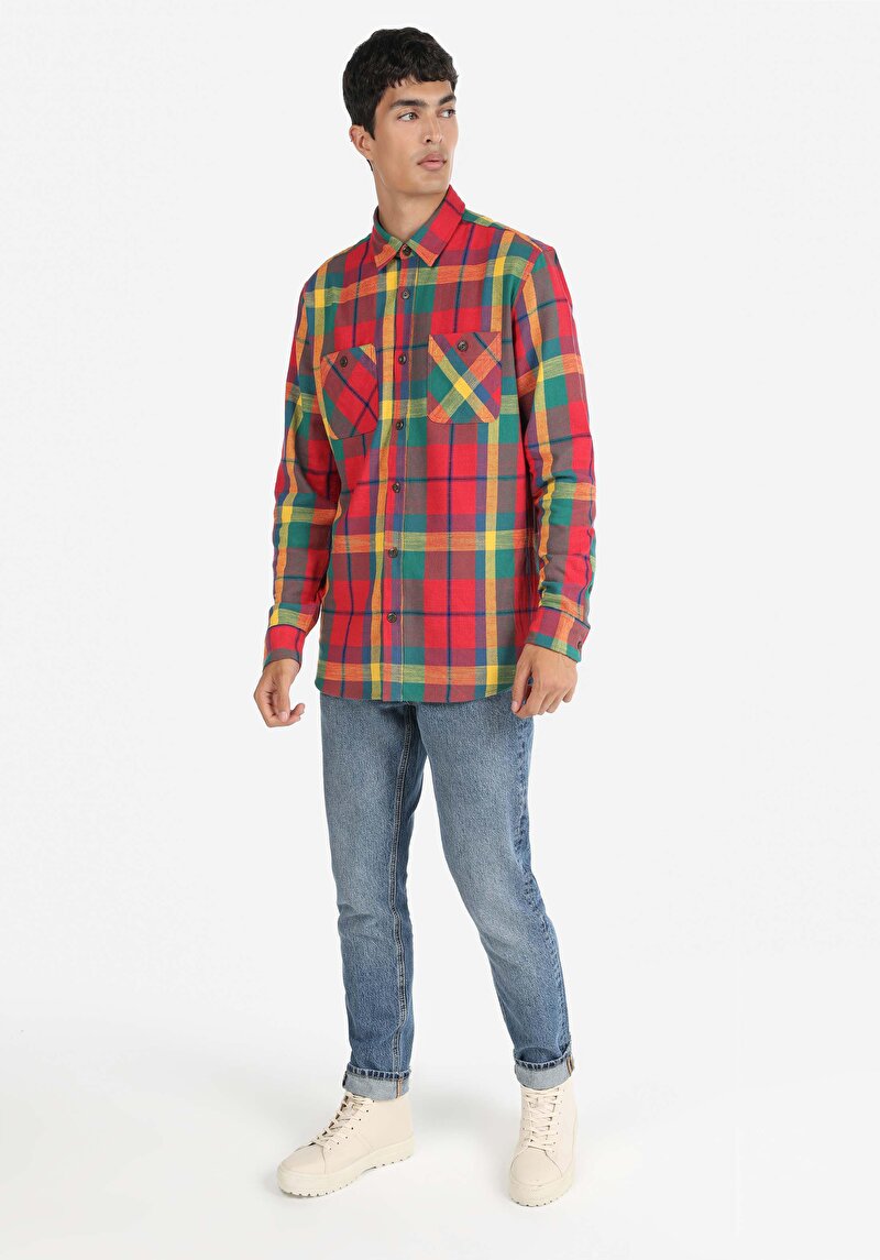 Regular Fit Shirt Neck Ekoseli Erkek Çok Renkli Uzun Kol Gömlek