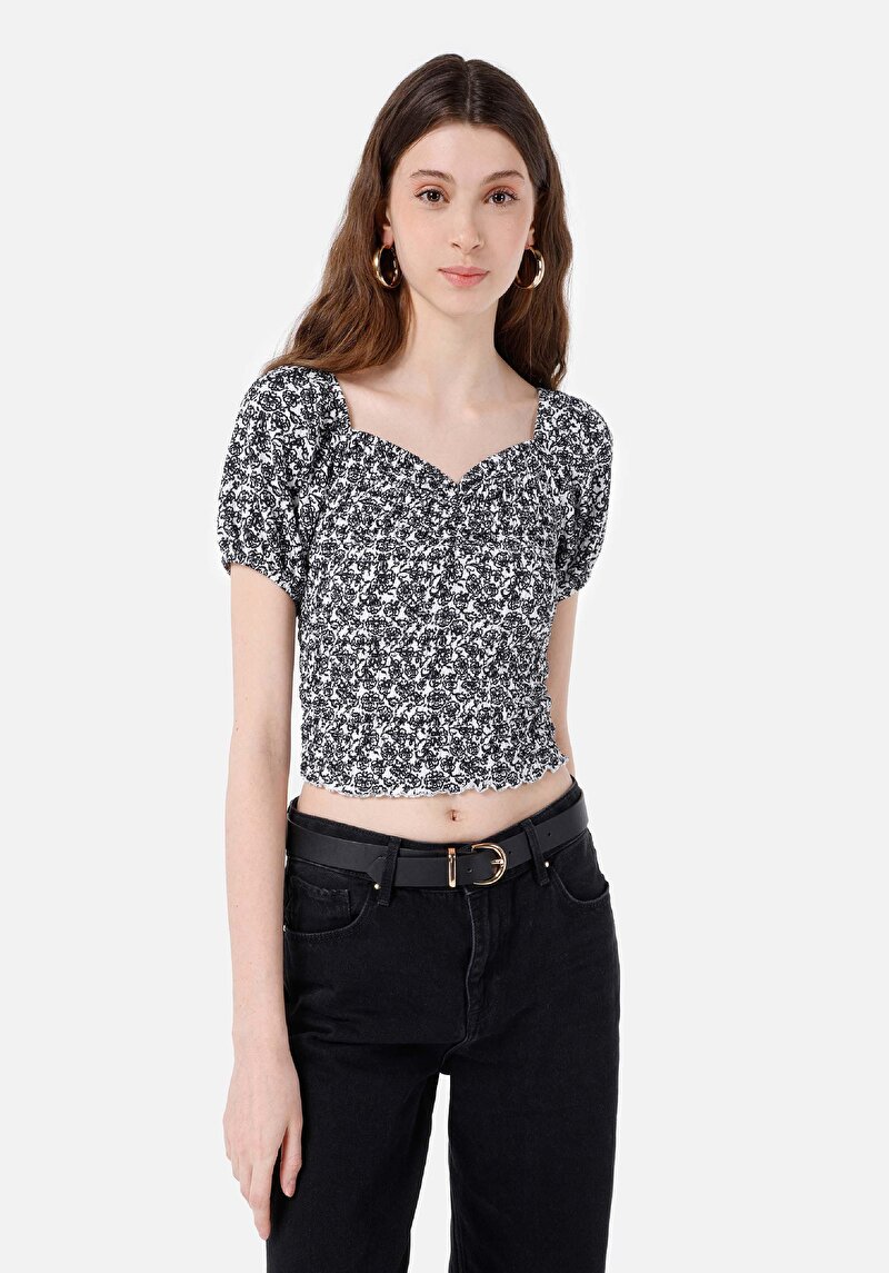 Slim Fit V Yaka Kadın Siyah Karpuz Tişört