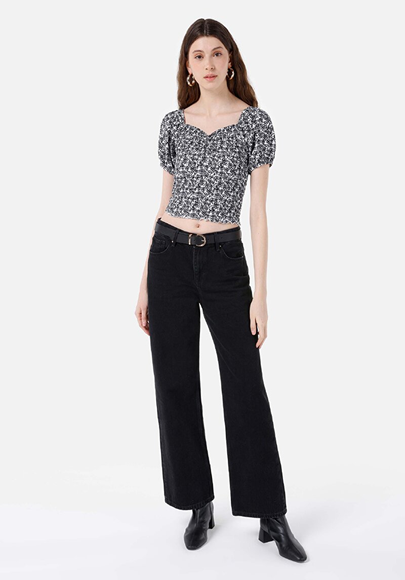 Slim Fit V Yaka Kadın Siyah Karpuz Tişört