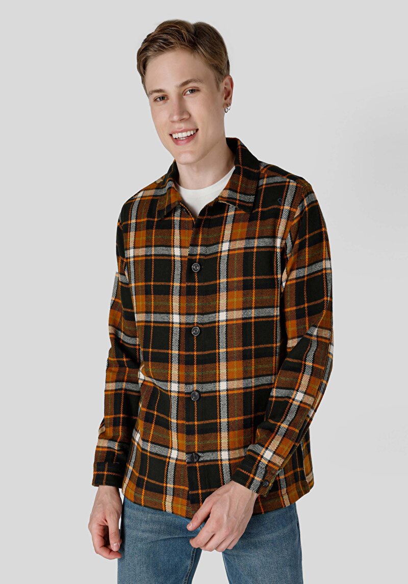 Regular Fit Cepsiz Shirt Neck Ekoseli Erkek Yeşil Uzun Kol Gömlek