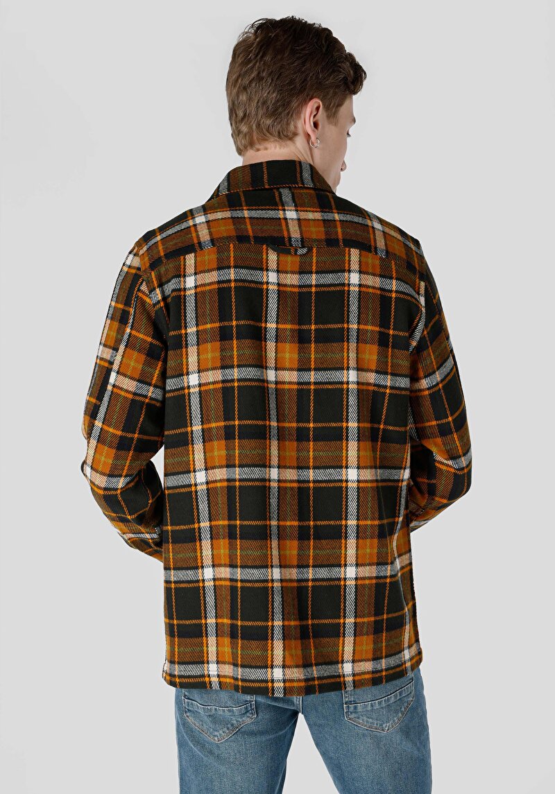 Regular Fit Cepsiz Shirt Neck Ekoseli Erkek Yeşil Uzun Kol Gömlek