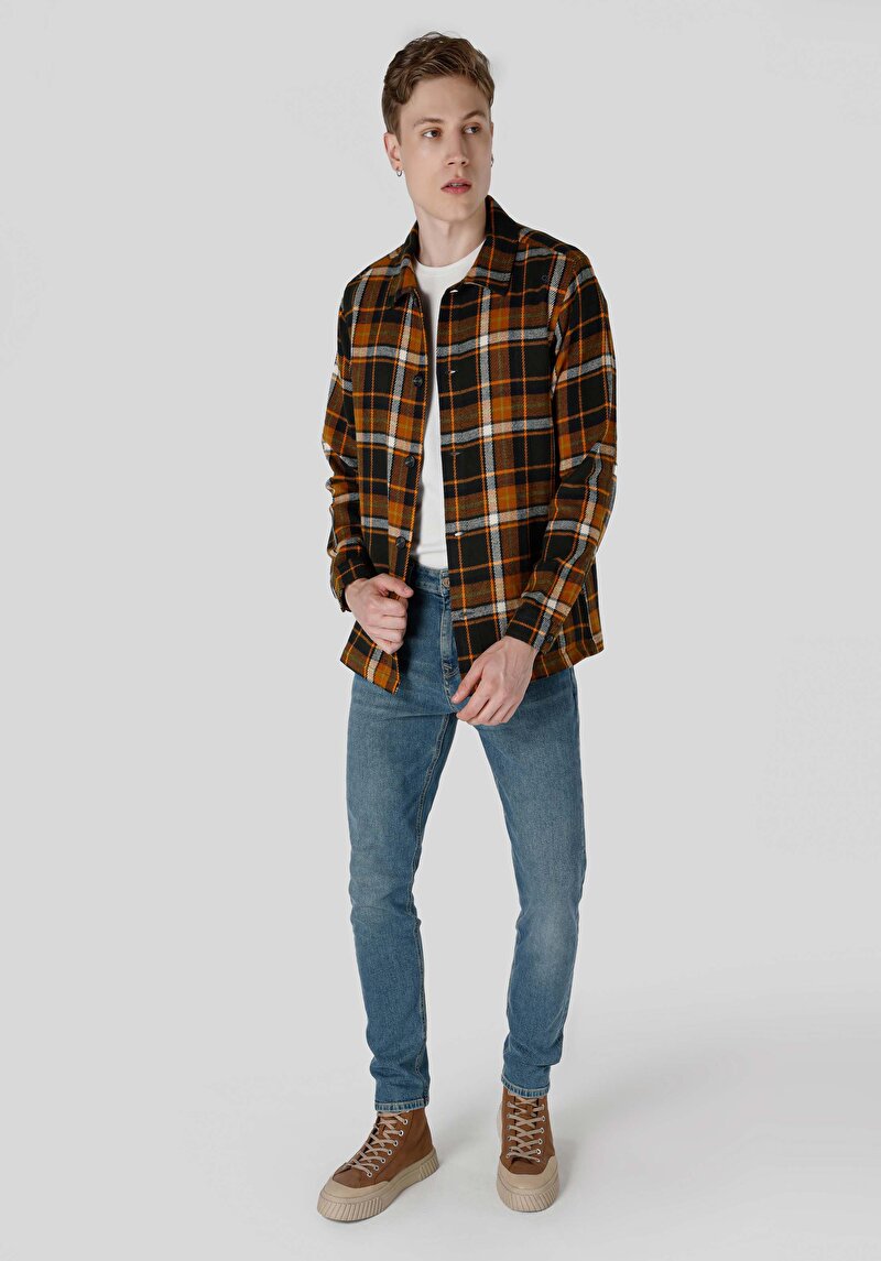 Regular Fit Cepsiz Shirt Neck Ekoseli Erkek Yeşil Uzun Kol Gömlek