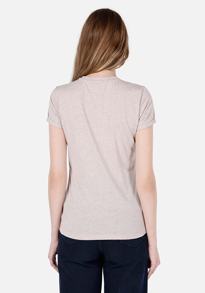 Slim Fit Yuvarlak Yaka Baskılı Kadın Bej Kısa Kol Tişört