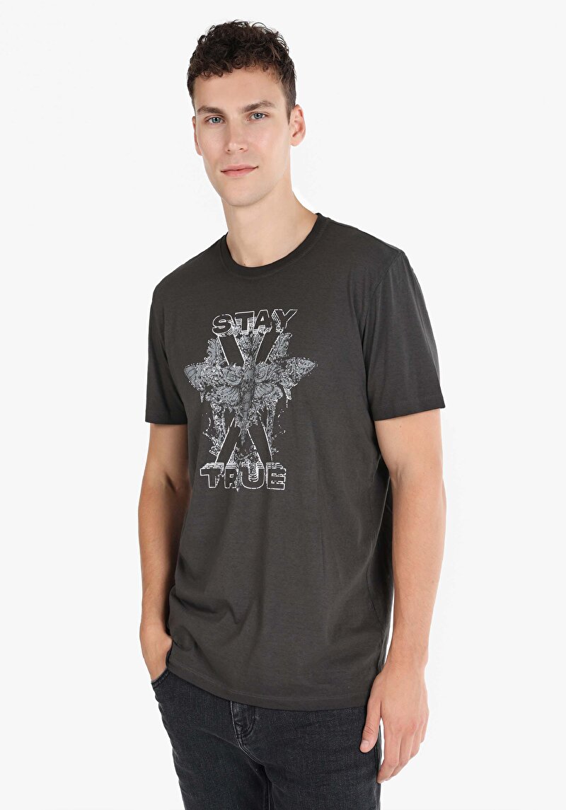 Regular Fit Yuvarlak Yaka Erkek Antrasit Kısa Kol Tişört