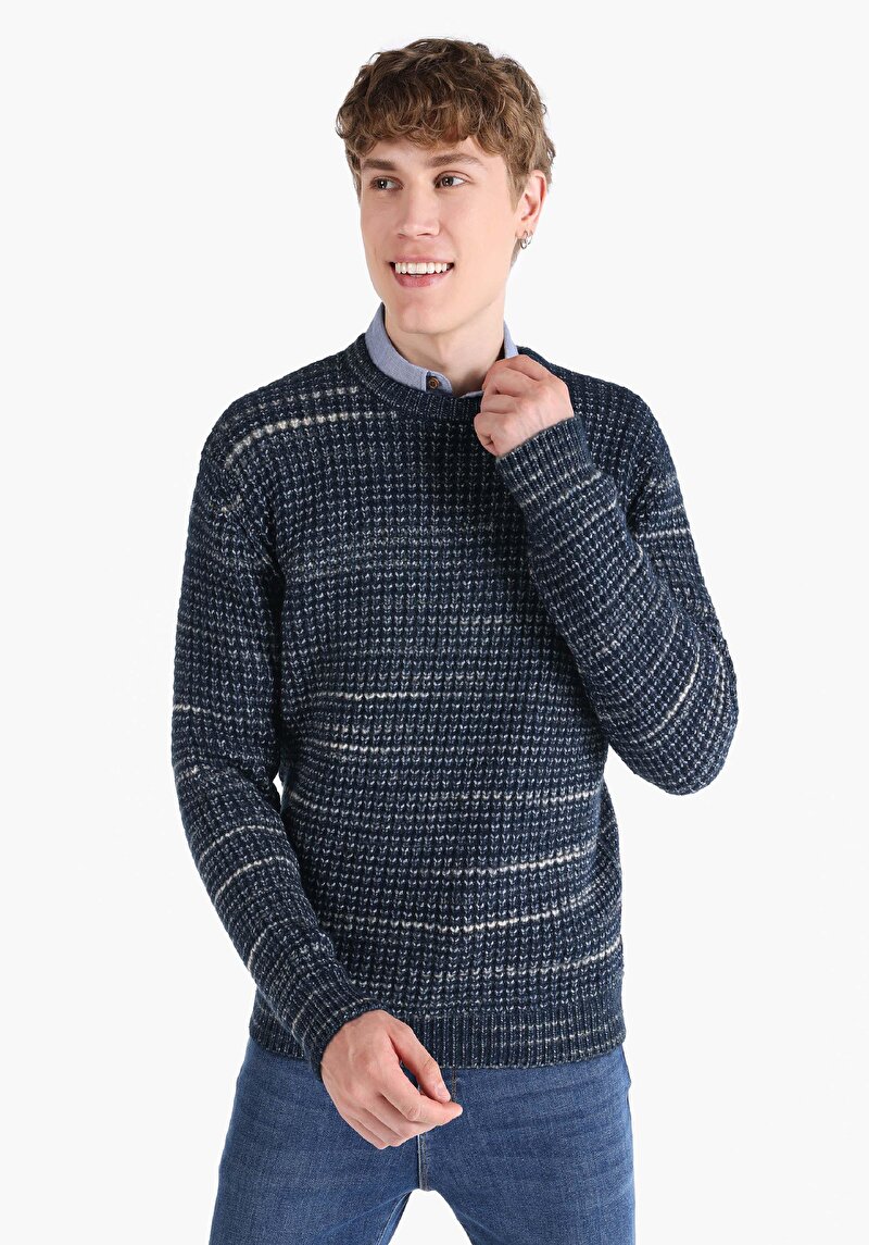 Regular Fit Yuvarlak Yaka Jakarlı Erkek Lacivert Kazak