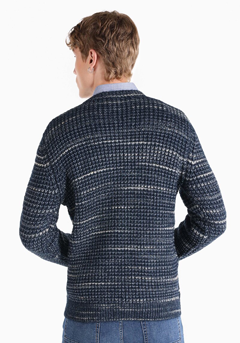 Regular Fit Yuvarlak Yaka Jakarlı Erkek Lacivert Kazak