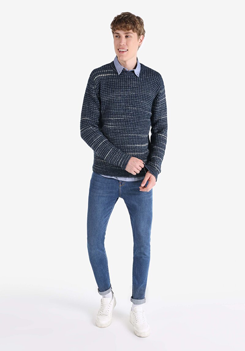 Regular Fit Yuvarlak Yaka Jakarlı Erkek Lacivert Kazak