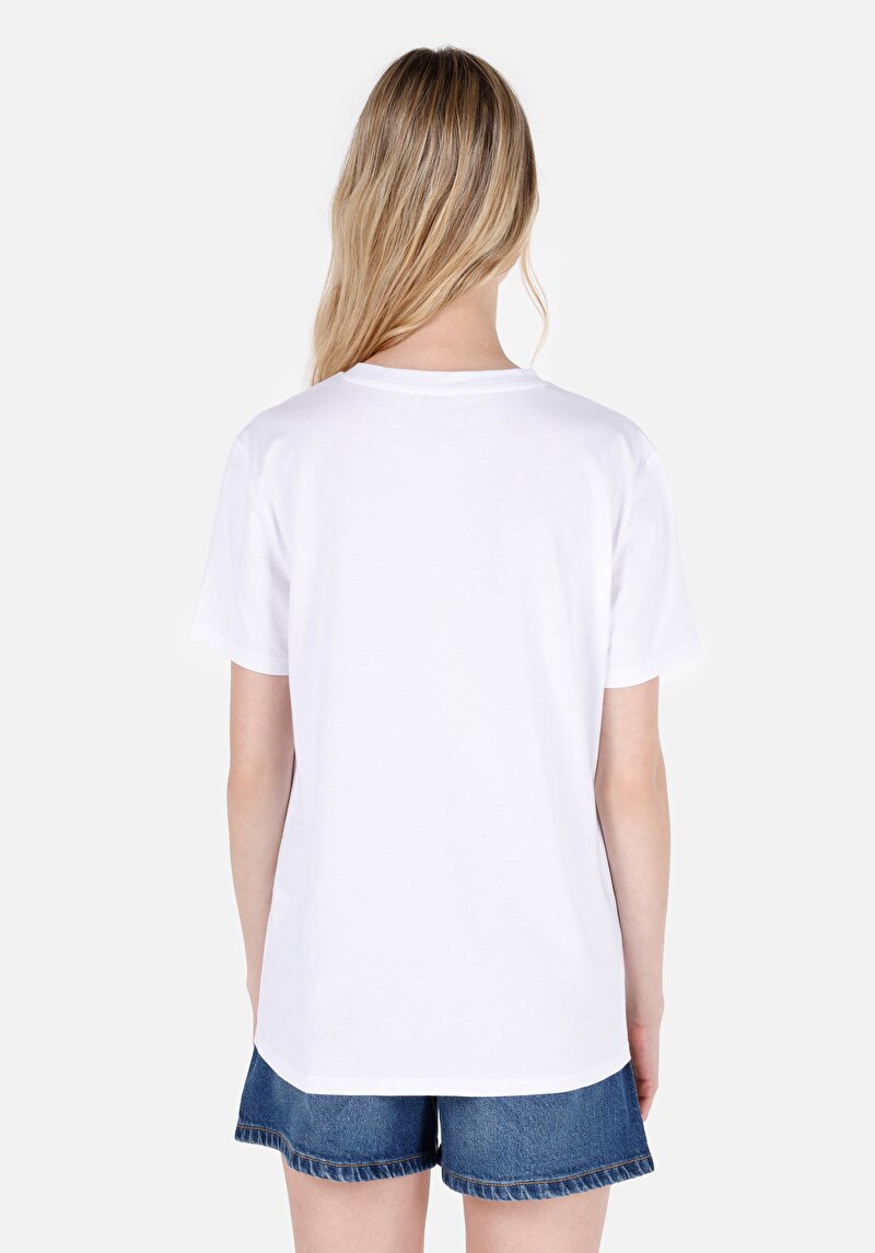 Regular Fit Yuvarlak Yaka Baskılı Kadın Beyaz Kısa Kol Tişört