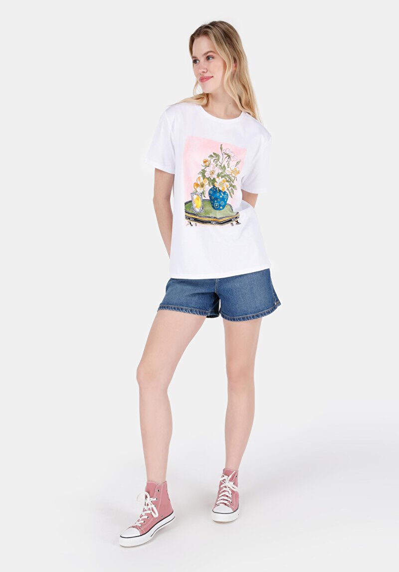 Regular Fit Yuvarlak Yaka Baskılı Kadın Beyaz Kısa Kol Tişört