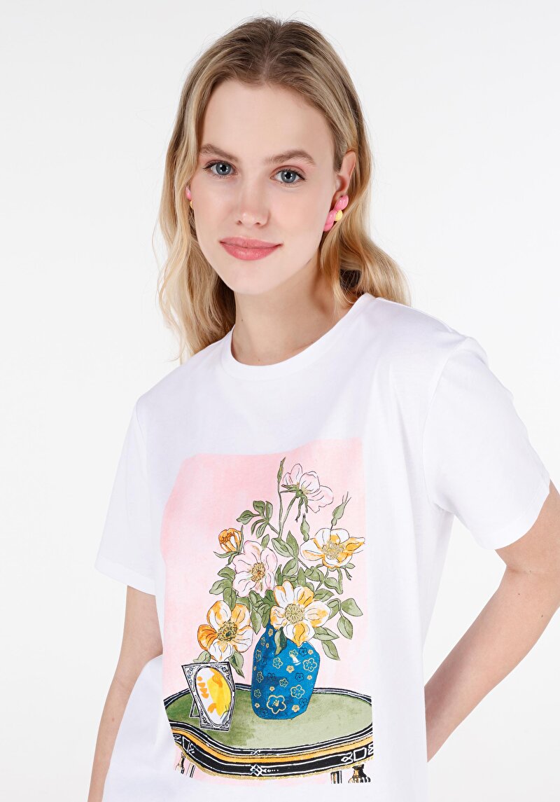 Regular Fit Yuvarlak Yaka Baskılı Kadın Beyaz Kısa Kol Tişört