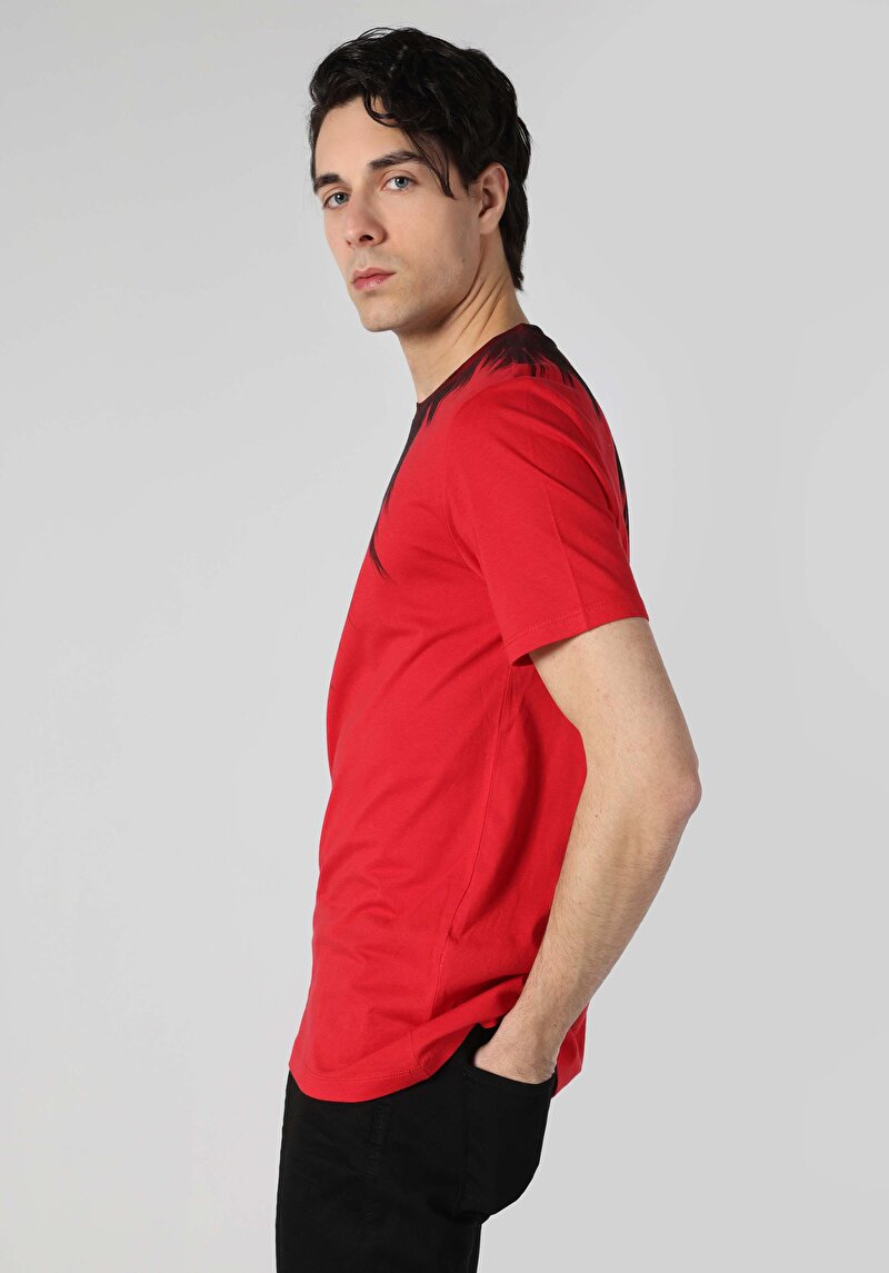 Regular Fit Yuvarlak Yaka Pamuklu Baskılı Erkek Kırmızı Kısa Kol Tişört