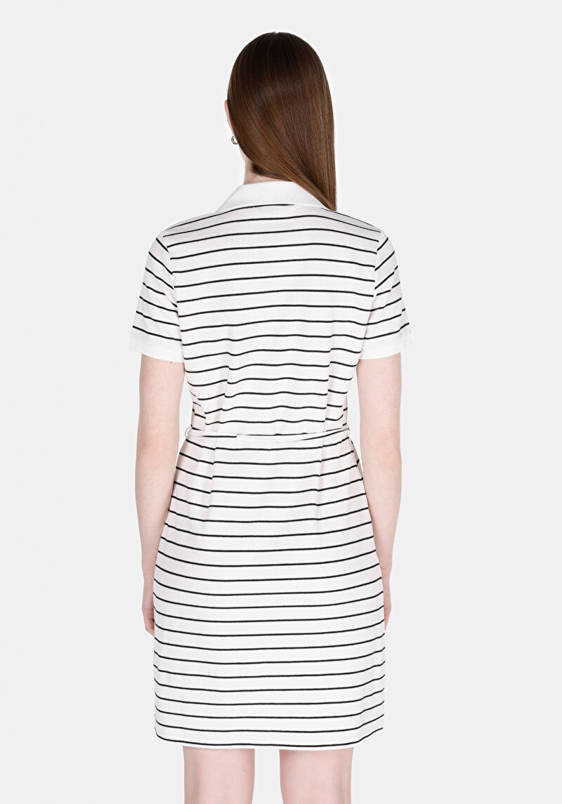 Regular Fit Çizgili Cepsiz Kadın Beyaz Kısa Kol Elbise
