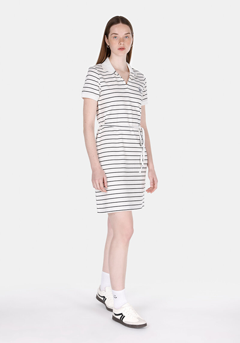 Regular Fit Çizgili Cepsiz Kadın Beyaz Kısa Kol Elbise