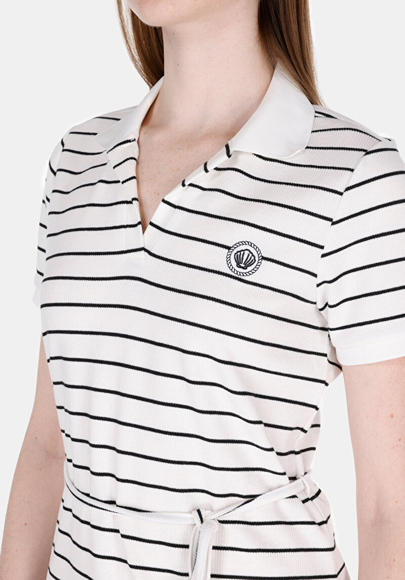 Regular Fit Çizgili Cepsiz Kadın Beyaz Kısa Kol Elbise