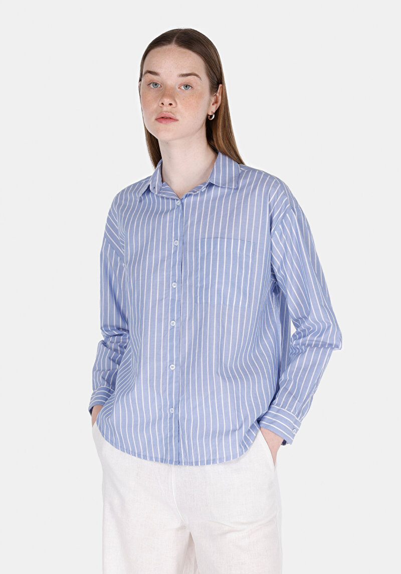 Regular Fit Shirt Neck Çizgili Kadın Mavi Uzun Kol Gömlek