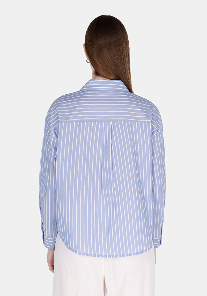 Regular Fit Shirt Neck Çizgili Kadın Mavi Uzun Kol Gömlek