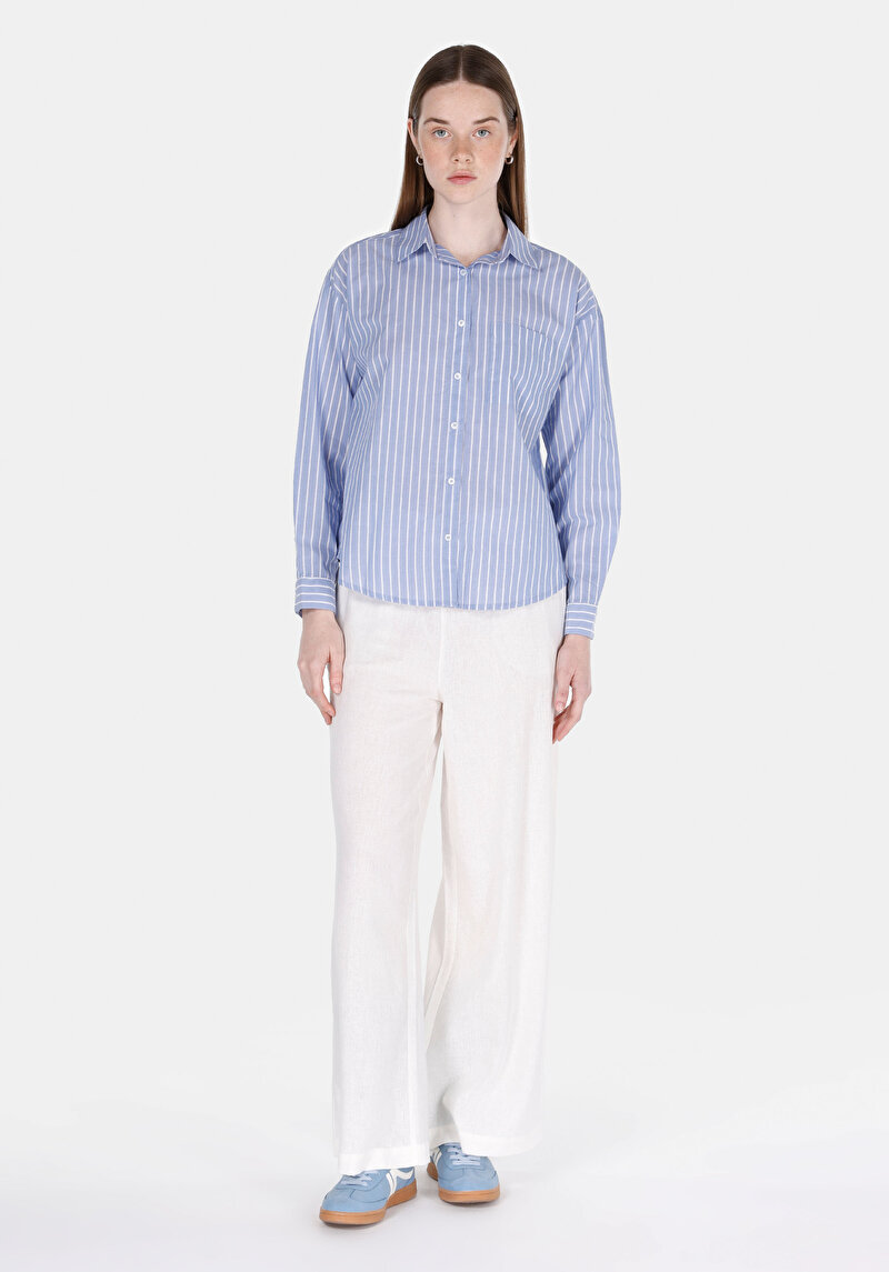 Regular Fit Shirt Neck Çizgili Kadın Mavi Uzun Kol Gömlek