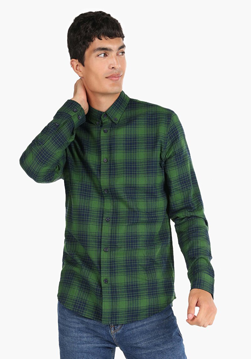 Slim Fit Shirt Neck Ekoseli Erkek Yeşil Uzun Kol Gömlek