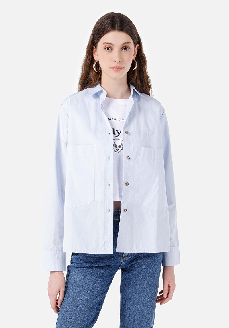 Regular Fit Shirt Neck Düz Kadın Mavi Uzun Kol Gömlek