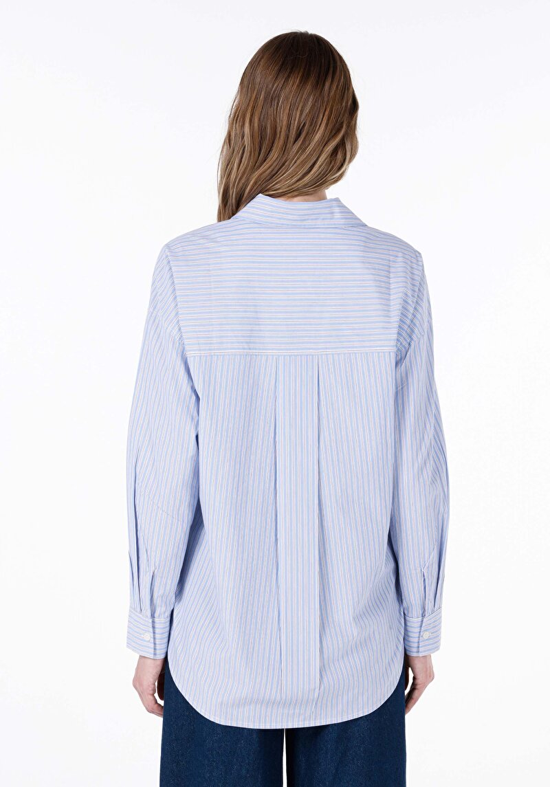 Relaxed Fit Shirt Neck Çizgili Kadın Mavi Uzun Kol Gömlek