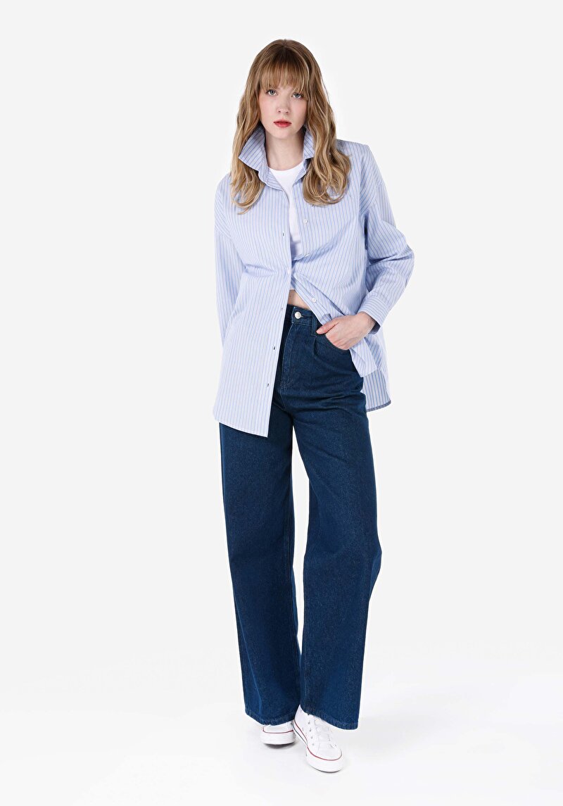 Relaxed Fit Shirt Neck Çizgili Kadın Mavi Uzun Kol Gömlek