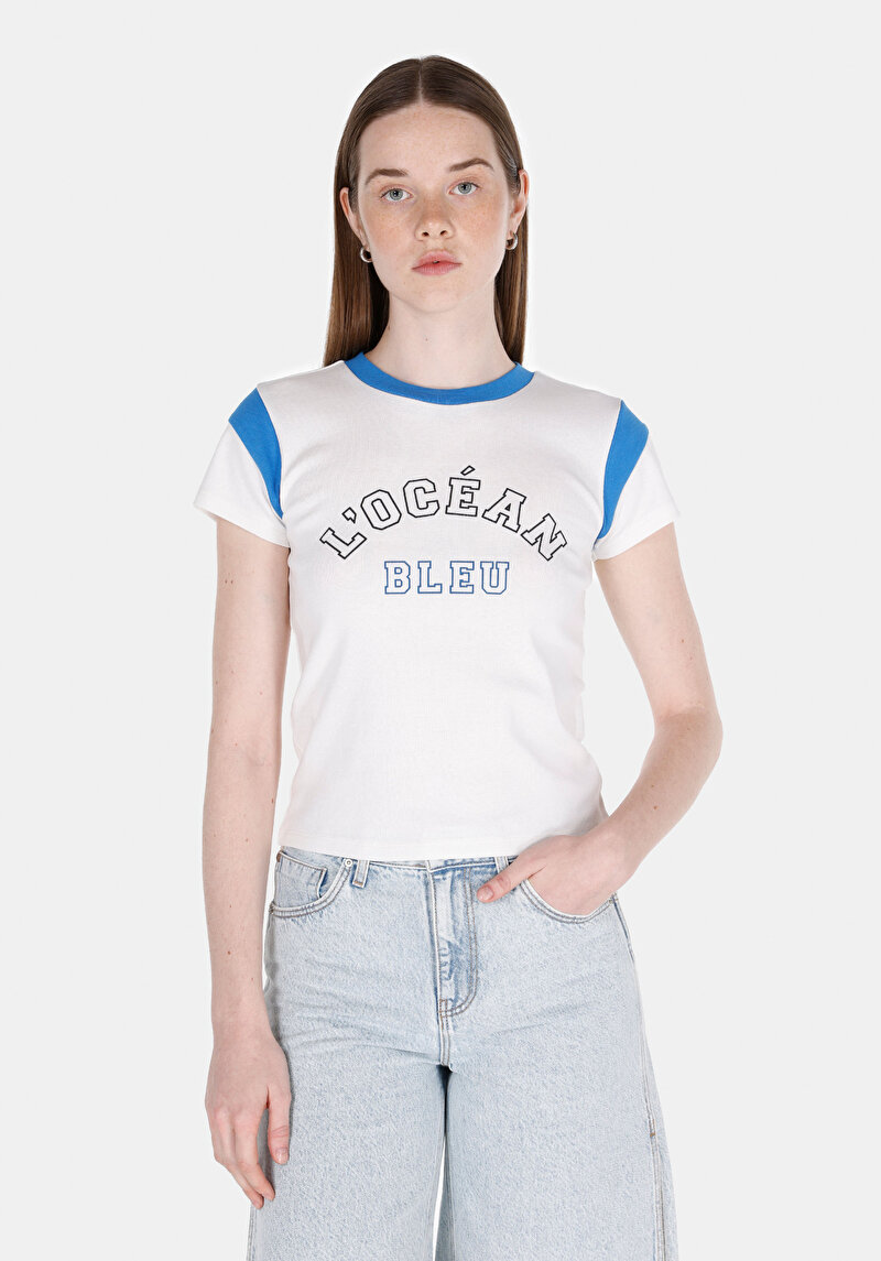 Regular Fit Yuvarlak Yaka Baskılı Kadın Beyaz Kısa Kol Tişört