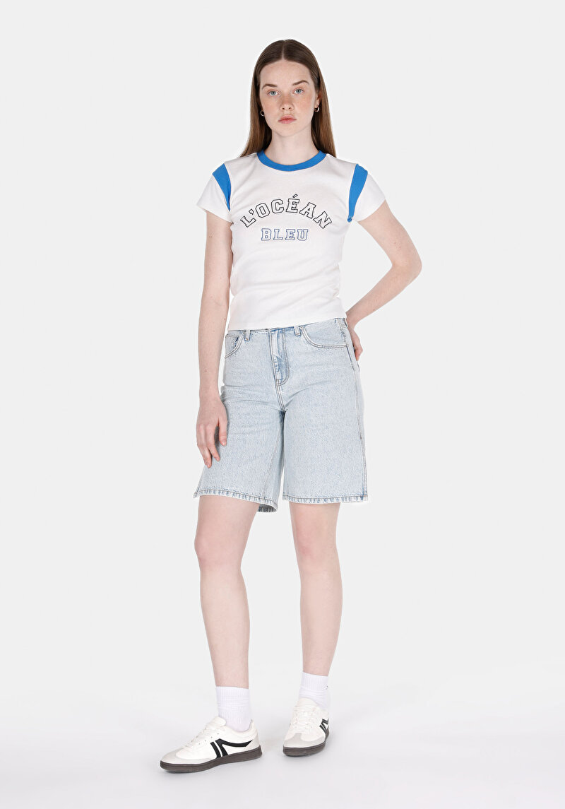 Regular Fit Yuvarlak Yaka Baskılı Kadın Beyaz Kısa Kol Tişört