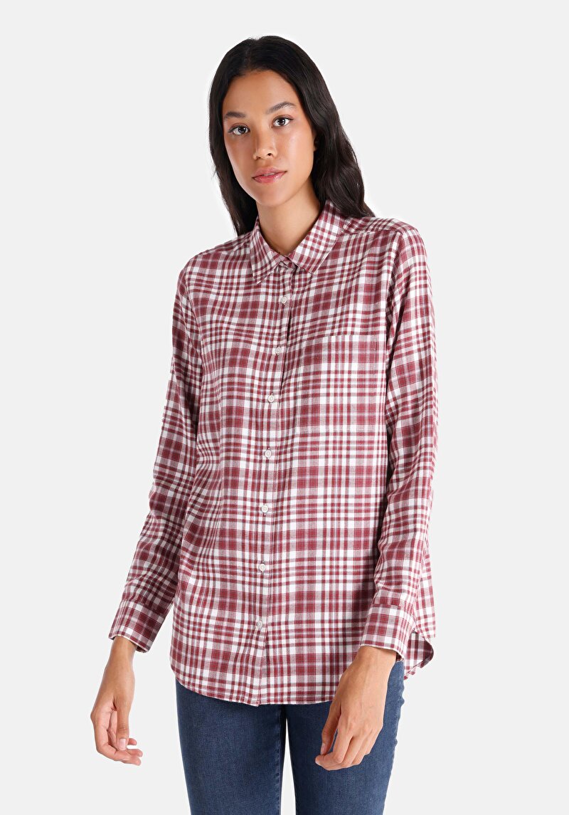 Regular Fit Shirt Neck Ekoseli Kadın Bordo Uzun Kol Gömlek