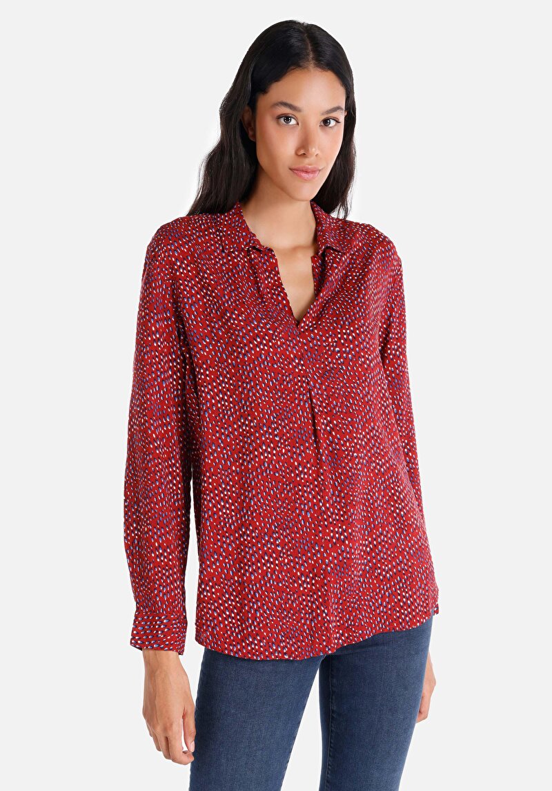 Regular Fit Shirt Neck  Kadın Bordo Uzun Kol Gömlek