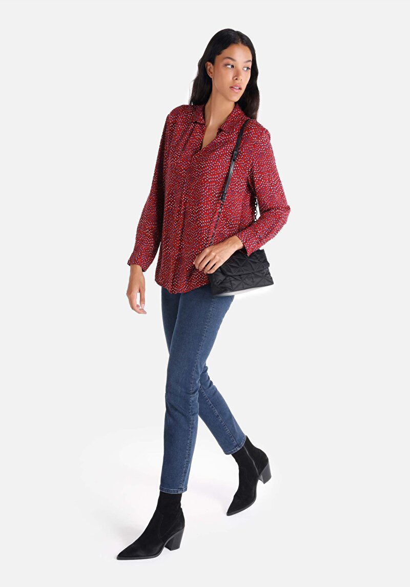 Regular Fit Shirt Neck  Kadın Bordo Uzun Kol Gömlek