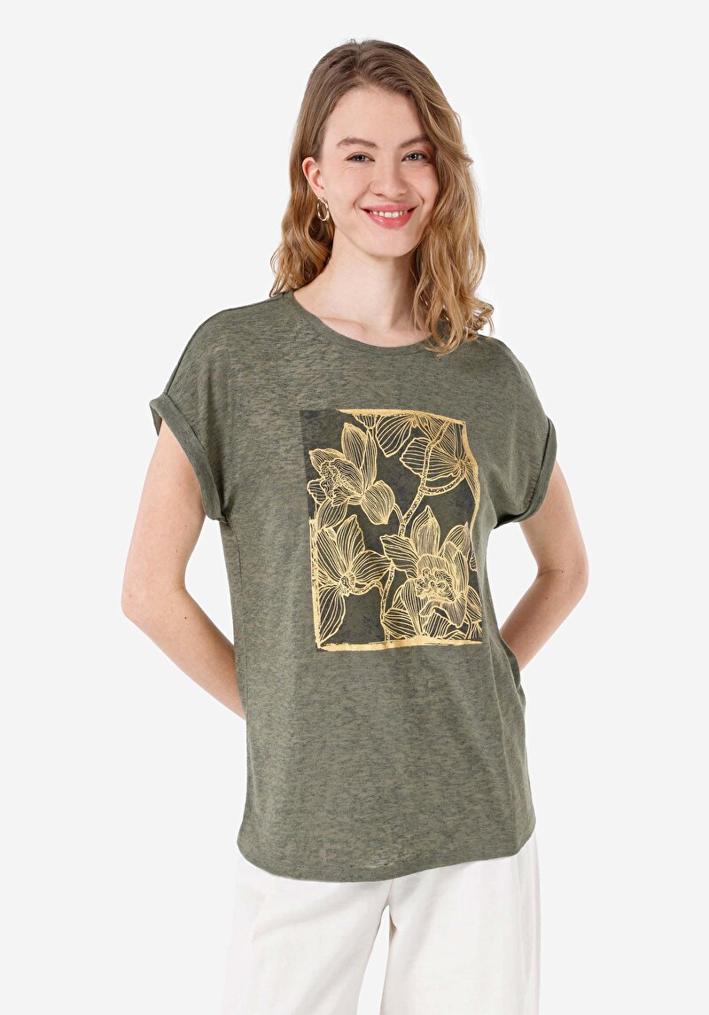 Regular Fit Yuvarlak Yaka Kadın Yeşil Kısa Kol Tişört